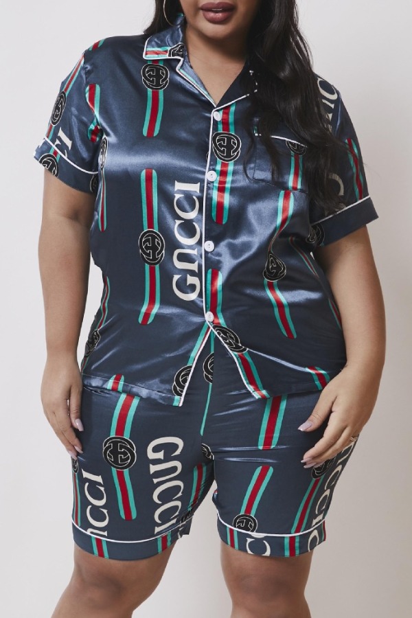 

Lovely Casual Print Deep Blue Plus Size Sleepwear