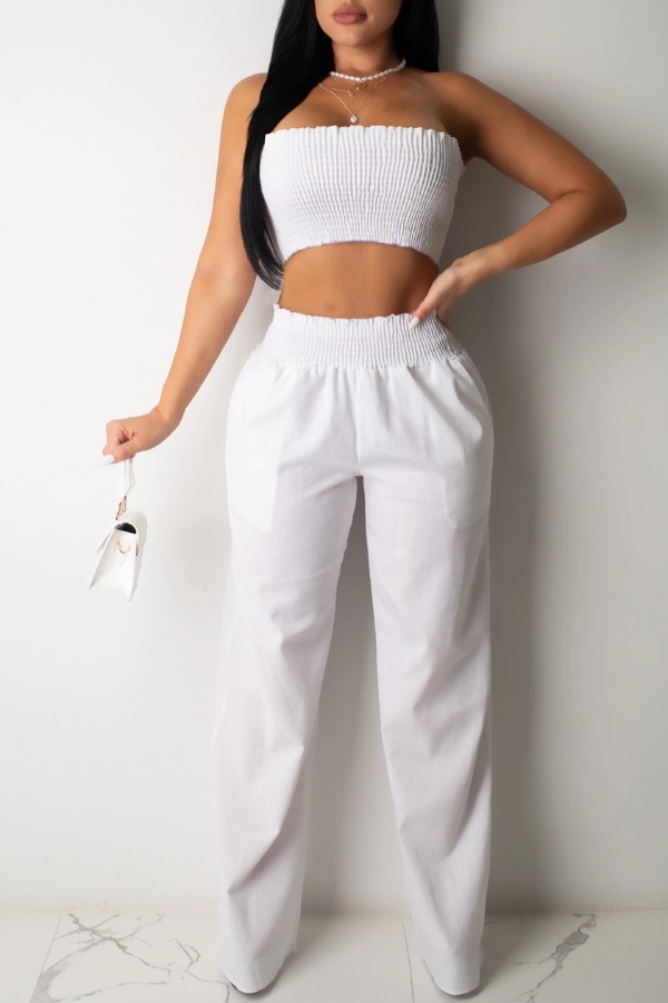

Lovely Trendy Dew Shoulder White Two-piece Pants Set