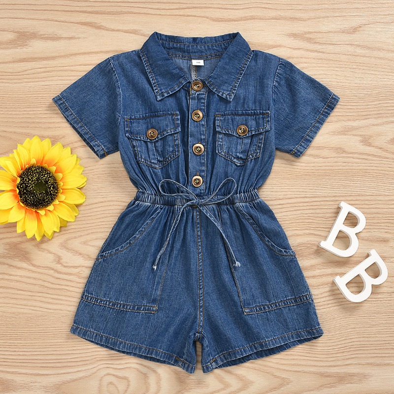 

Lovely Trendy Buttons Design Blue Girl One-piece Romper
