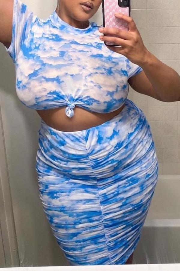 

Lovely Leisure Print Blue Plus Size Two-piece Skirt Set