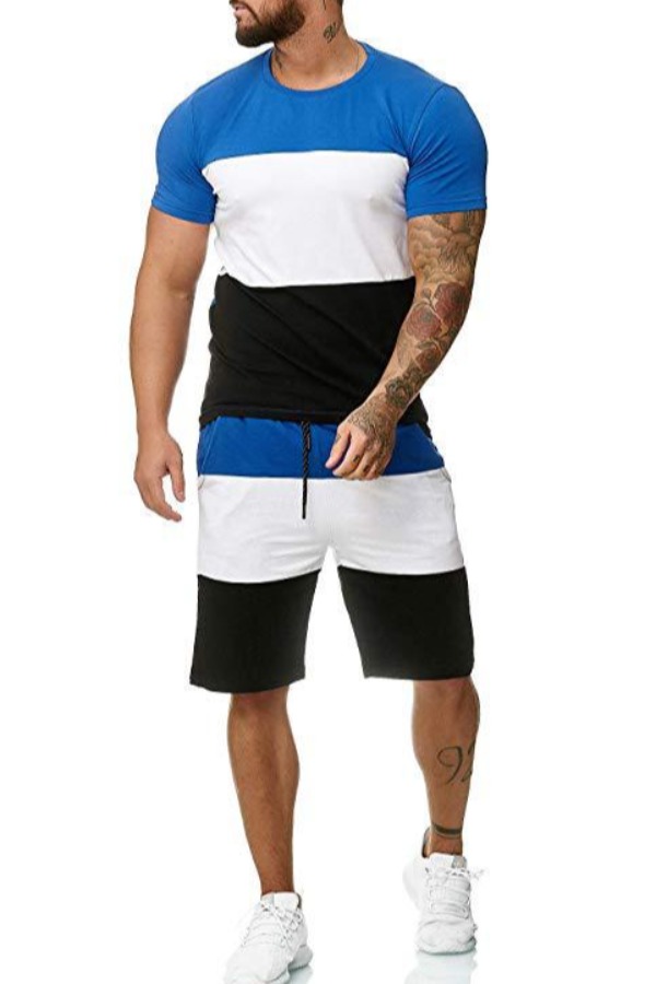 

Men Lovely Casual Patchwork Blue Two-piece Shorts Set