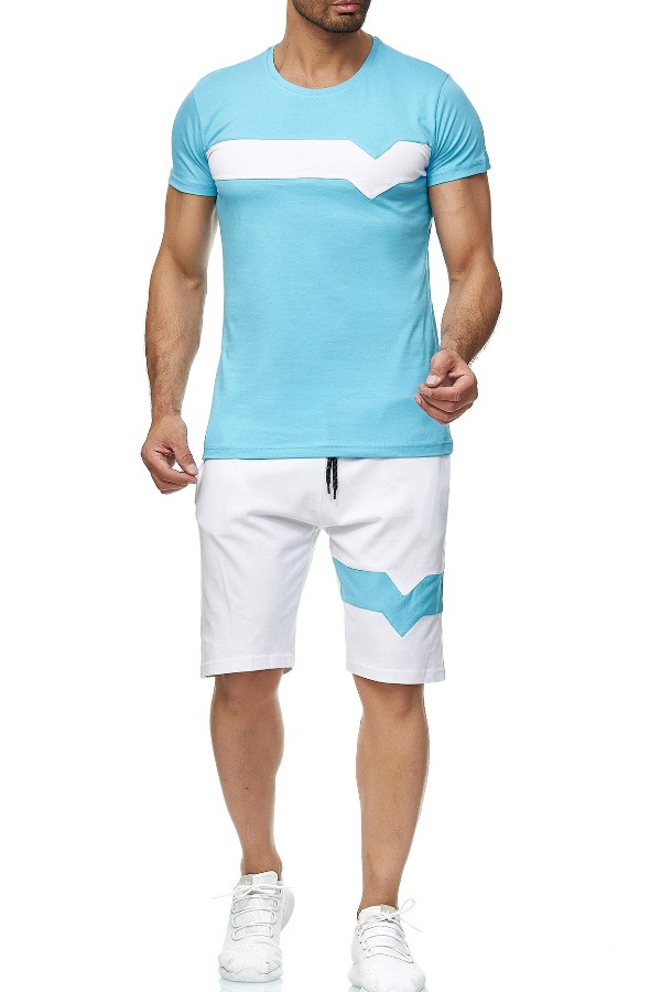 

Men Lovely Sportswear Patchwork Blue Two-piece Shorts Set
