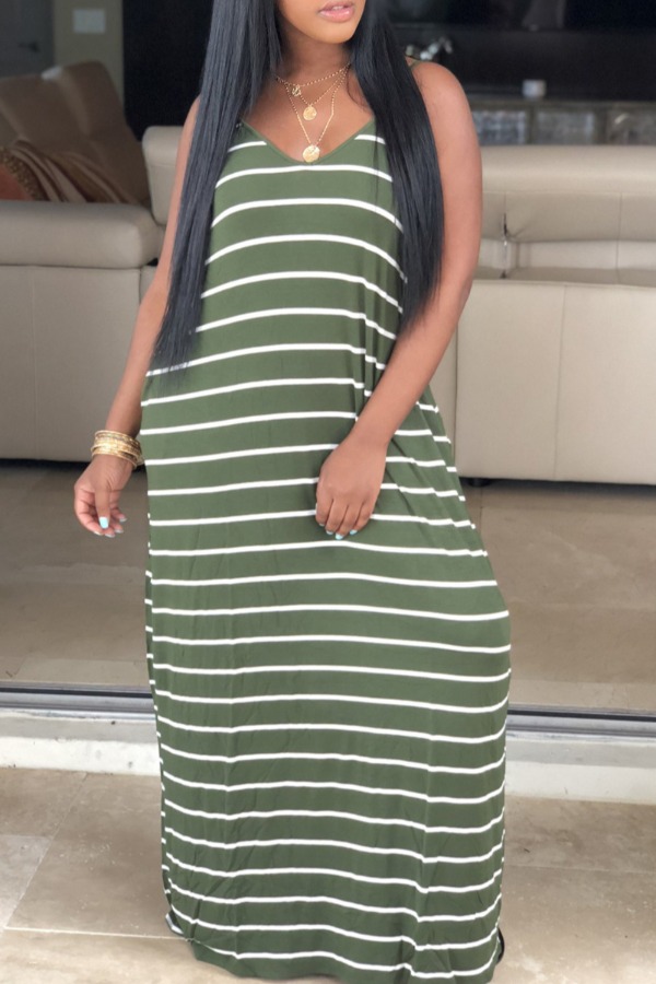 

Lovely Casual Striped Green Maxi Dress