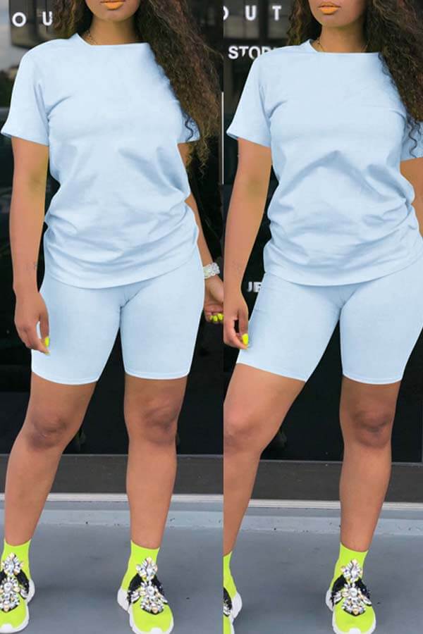 

LW BASICS Round Neck Regular Fit Shorts Set, Baby blue