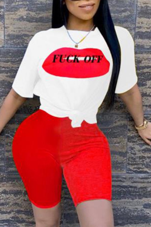 

Lovely Casual Lip Print Red Two-piece Shorts Set