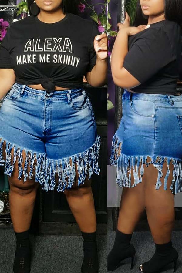 

LW Plus Size Stylish Tassel Design Deep Blue Shorts