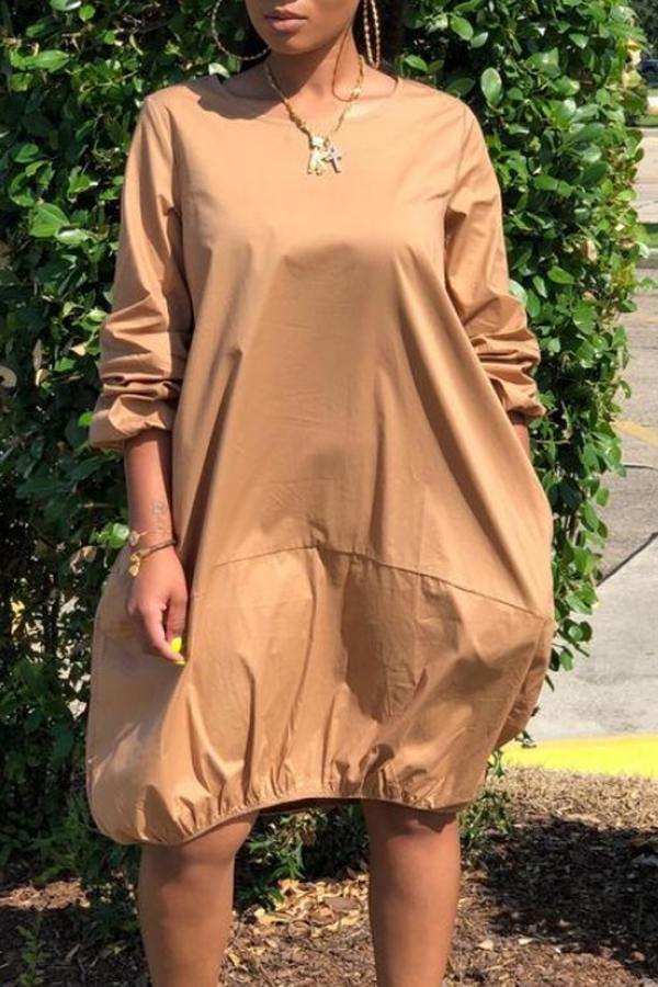 

Lovely Casual O Neck Loose Khaki Knee Length Dress