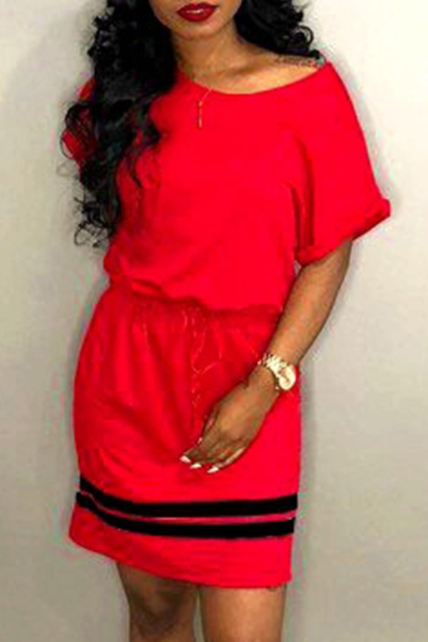 

Lovely Casual O Neck Lace-up Red Mini Dress
