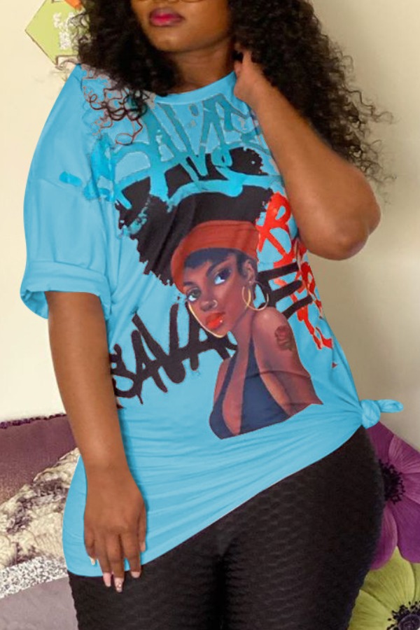 

Lovely Casual O Neck Print Blue T-shirt