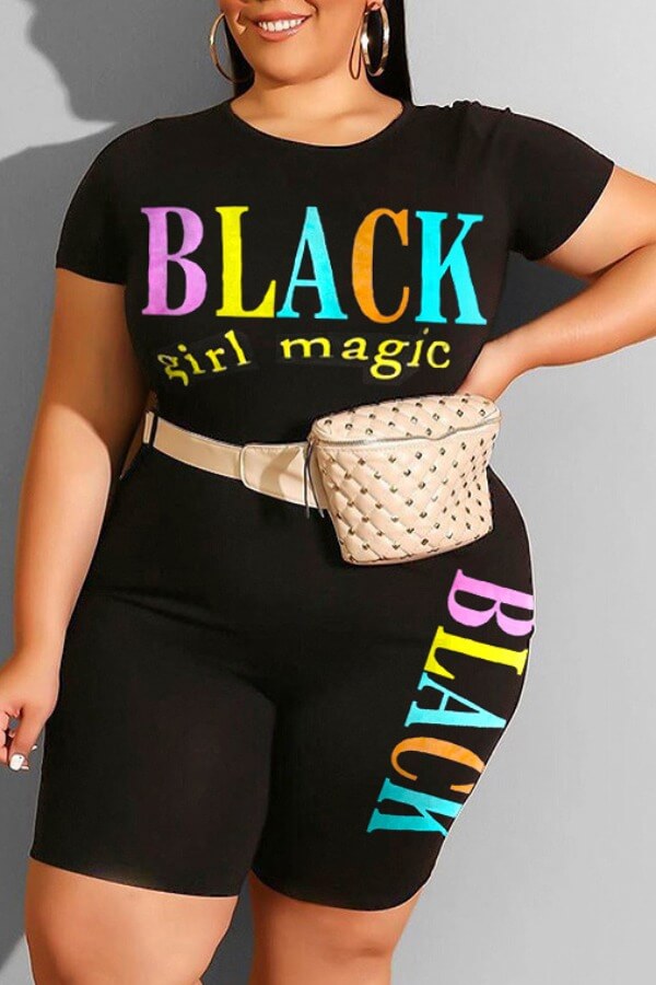 

LW BASICS Plus Size Casual Letter Print Black Two-piece Shorts Set