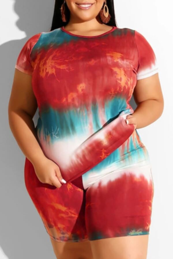 

Lovely Plus Size Trendy Tie-dye Red Two-piece Shorts Set