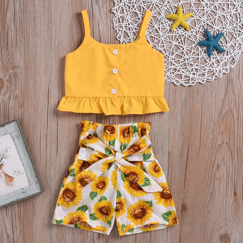 

Lovely Casual Print Yellow Girl Two-piece Shorts Set