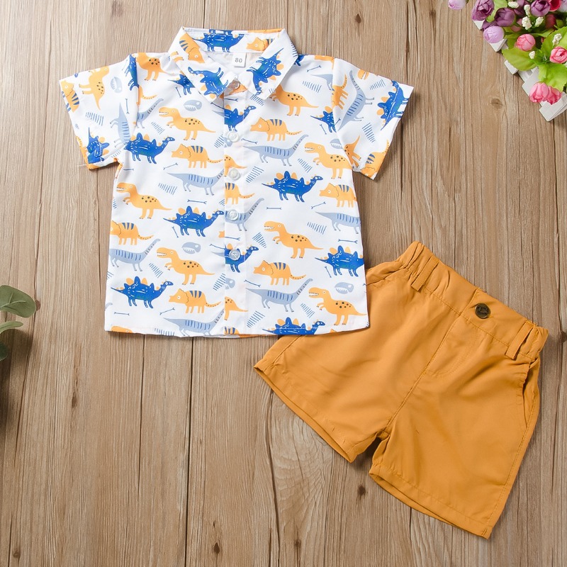 

Lovely Leisure Cartoon Print Yellow Boy Two-piece Shorts Set