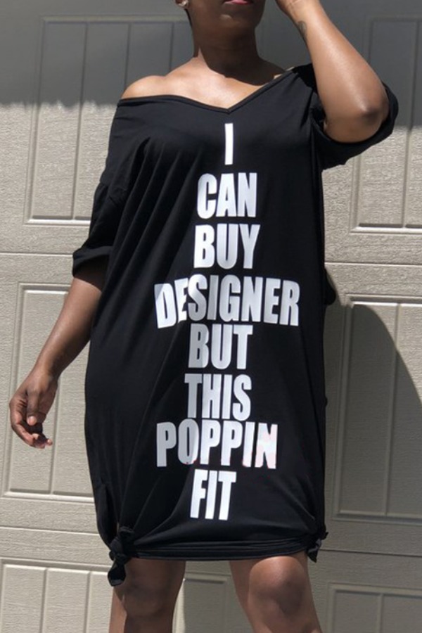 

Lovely Leisure O Neck Letter Print Black Knee Length Dress