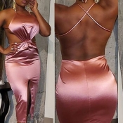 Lovely Sexy Backless Pink Mid Calf Dress