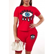 Lovely Casual O Neck Eye Print Red Two-piece Short