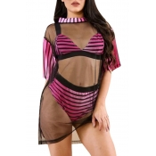 Lovely Striped Rose Red Two-piece Swimsuit(With Co