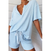 Lovely Casual Lace-up Skyblue Two-piece Shorts Set