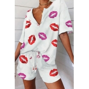 Lovely Leisure Lip Print Multicolor Two-piece Shor