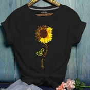 Lovely Ccasual O Neck Print Black T-shirt