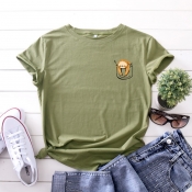 Lovely Casual O Neck Cartoon Print Army Green Plus