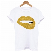 Lovely Ccasual O Neck Lip Print Whtie T-shirt
