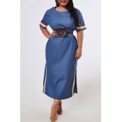 Lovely Trendy O Neck Patchwork Blue Ankle Length P