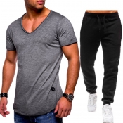 Lovely Casual V Neck Basic Grey Two-piece Pants Se
