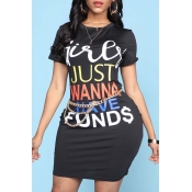Lovely Casual O Neck Letter Print Black Mini Dress