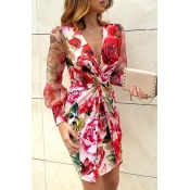 Lovely Trendy Deep V Neck Print Red Mini Dress
