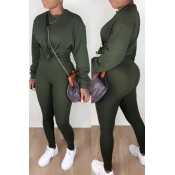 Lovely Leisure O Neck Basic Army Green Two-piece P