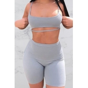 Lovely Sportswear Hollow-out Grey Two-piece Shorts