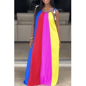 Lovely Casual Rainbow Striped Blue Maxi Dress