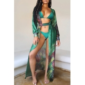 Lovely Print Green Two-piece Swimsuit(With Cover-U