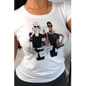 Lovely Casual O Neck Cartoon Print White T-shirt
