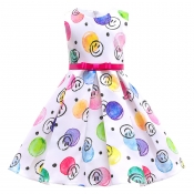 Lovely Sweet Print White Girl Knee Length Dress