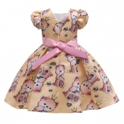 Lovely Stylish Cartoon Print Yellow Girl Knee Leng