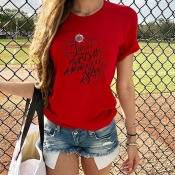 Lovely Casual O Neck Letter Print Red T-shirt
