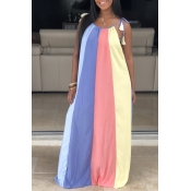 Lovely Casual Rainbow Striped Baby Blue Maxi Dress