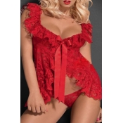 Lovely Sexy Flounce Design Red Plus Size Babydolls
