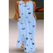 Lovely Trendy Butterfly Print Blue Maxi Plus Size 