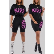 Lovely Sportswear Letter Print Black Two-piece Sho