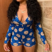 Lovely Stylish Cartoon Print Blue One-piece Romper