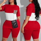 Lovely Casual Patchwork Red Plus Size Two-piece Sh