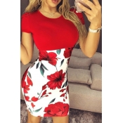 Lovely Casual Print Red Mini Plus Size Dress
