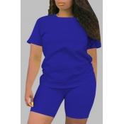 Lovely Casual Basic Blue Plus Size Two-piece Short