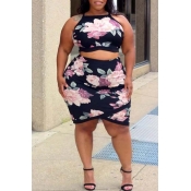 Lovely Plus Size Casual Print Black Two-piece Skir