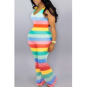 Lovely Plus Size Casual Striped Multicolor One-pie