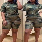 Lovely Plus Size Stylish Camo Print Two-piece Shor