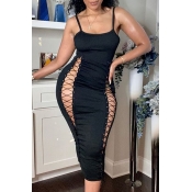 Lovely Sexy Bandage Design Black Mid Calf Dress